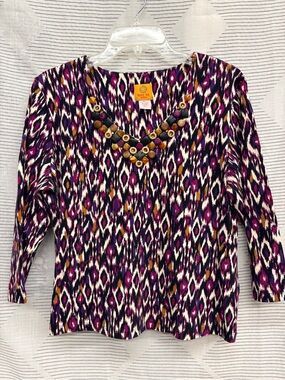 Ruby Rd. Purple Ikat Beaded V-Neck Womens Top